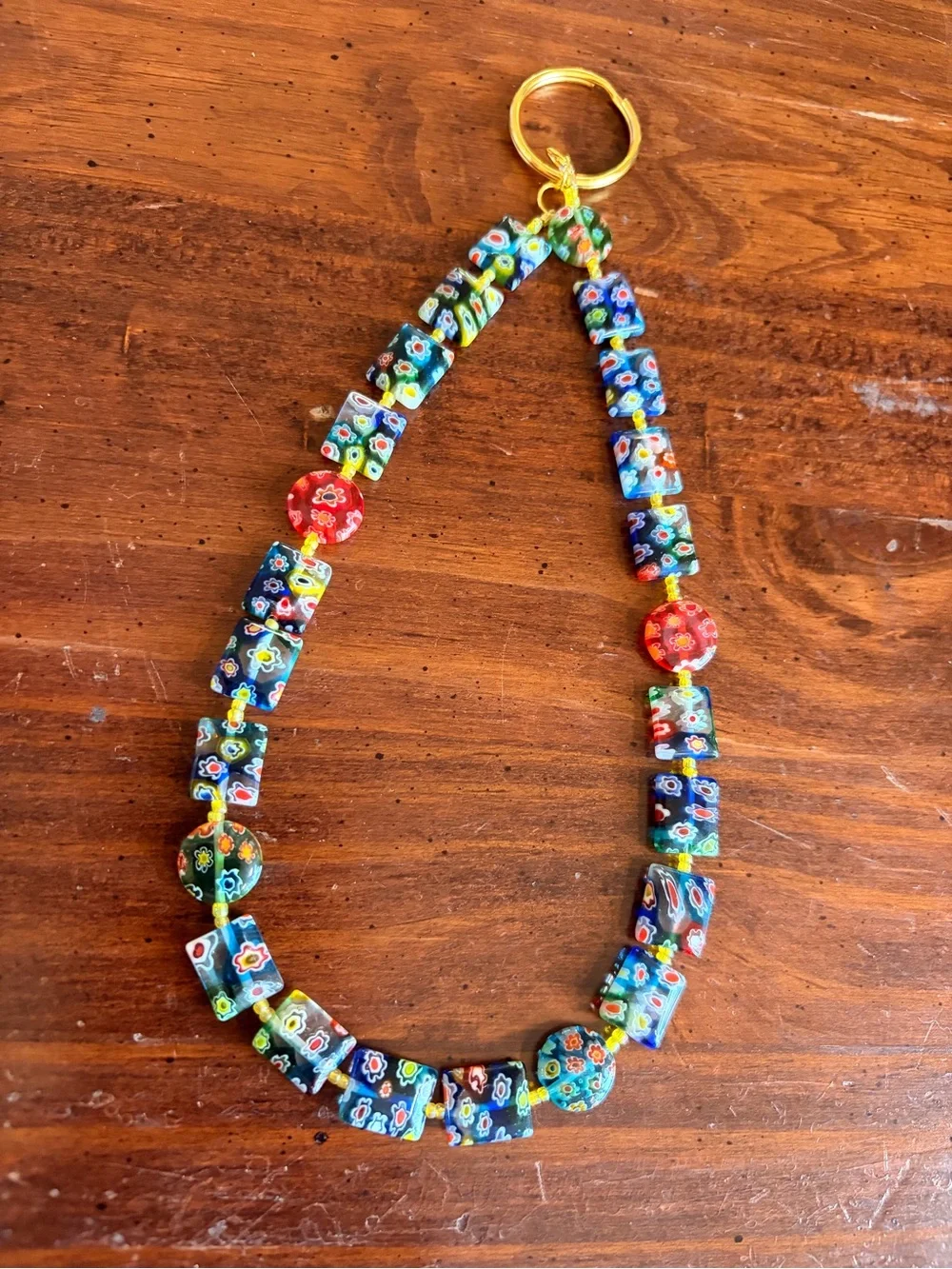 Multicolor Millefiori Glass Bead Keychain with Gold Ring - Handmade